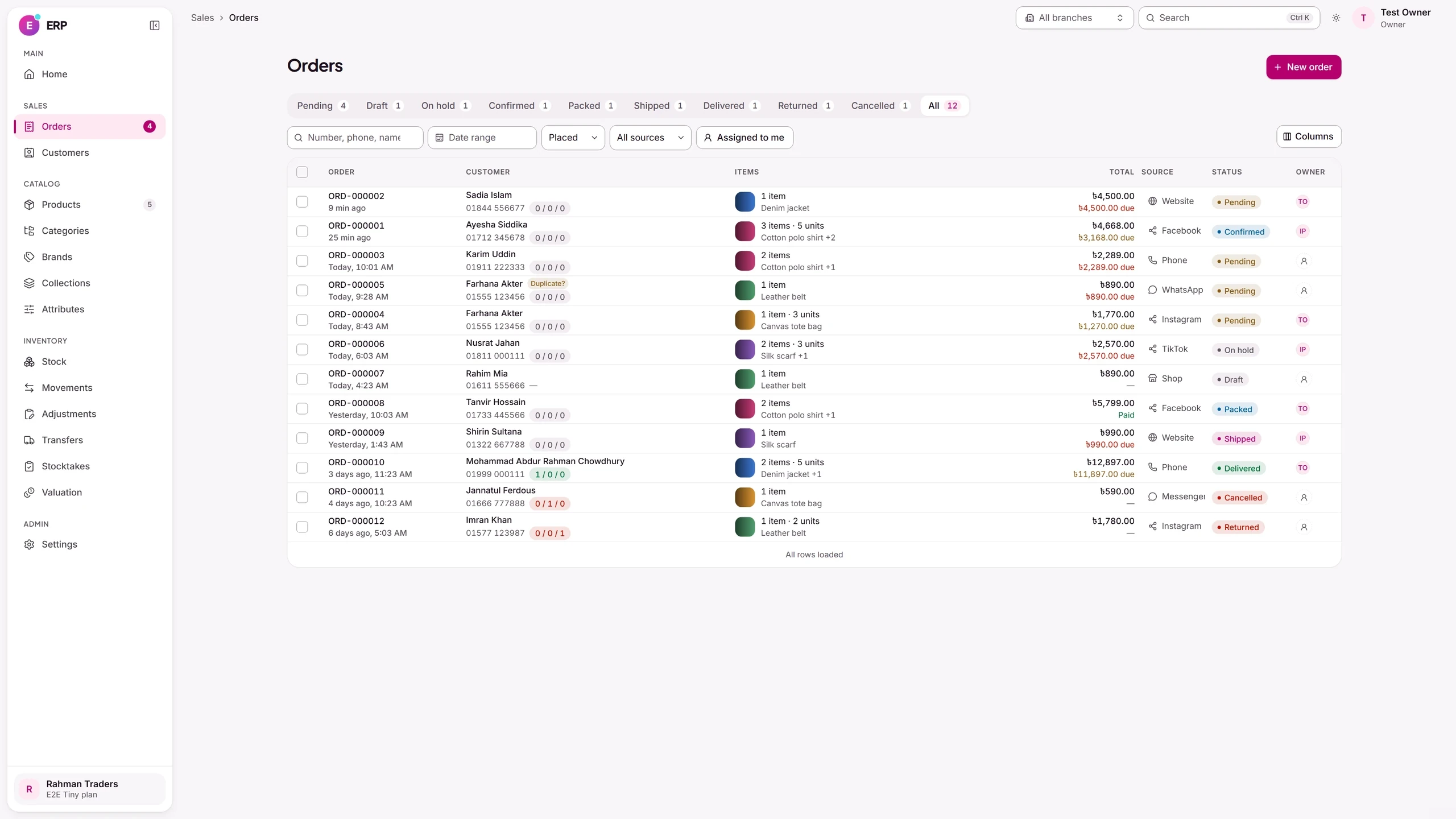 Commerce ERP: Orders board: website, Facebook, WhatsApp, TikTok and phone orders in one queue, filtered by status