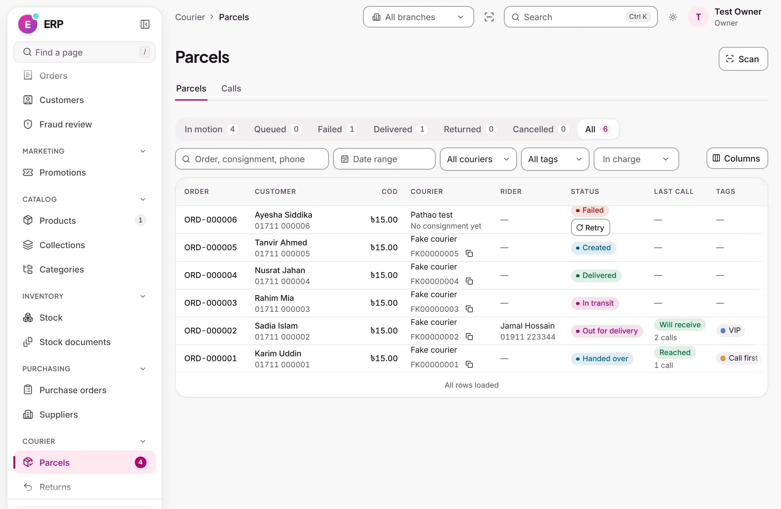 Commerce ERP: Courier parcels: failed and returned parcels stay visible instead of disappearing into a courier’s portal