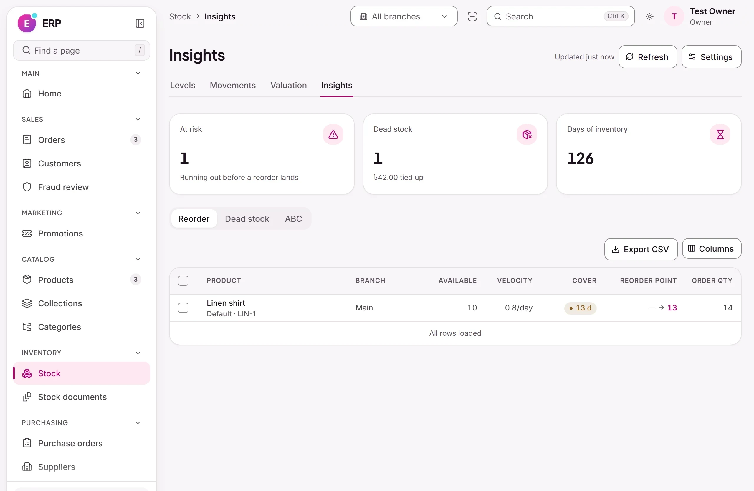 Commerce ERP: Reorder insights: sales velocity, days of cover and reorder points