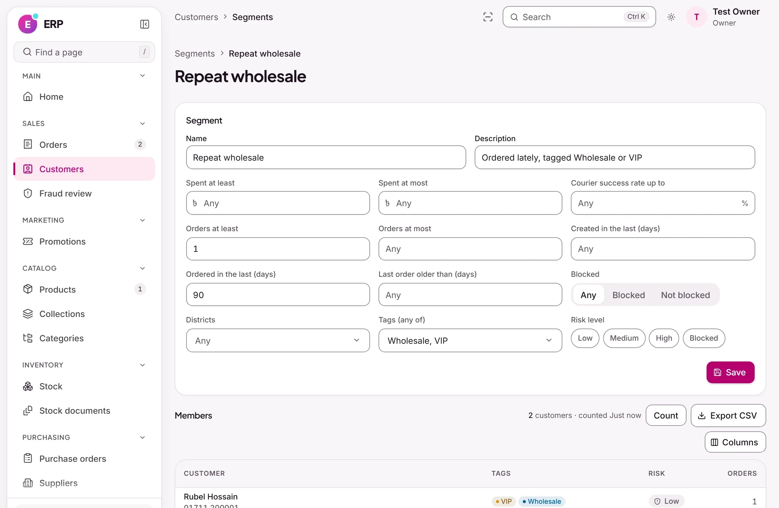 Commerce ERP: CRM segment builder: rule-based segments by spend, order count and risk