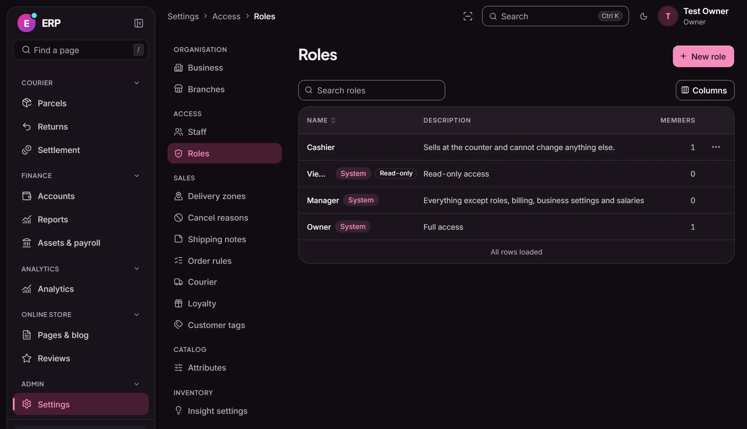Commerce ERP: Roles and permissions for each staff member