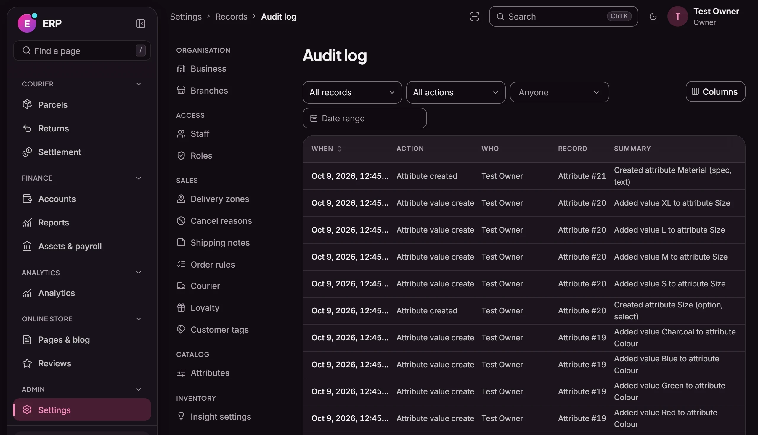 Commerce ERP: Audit log: every change, filterable by who, what and when