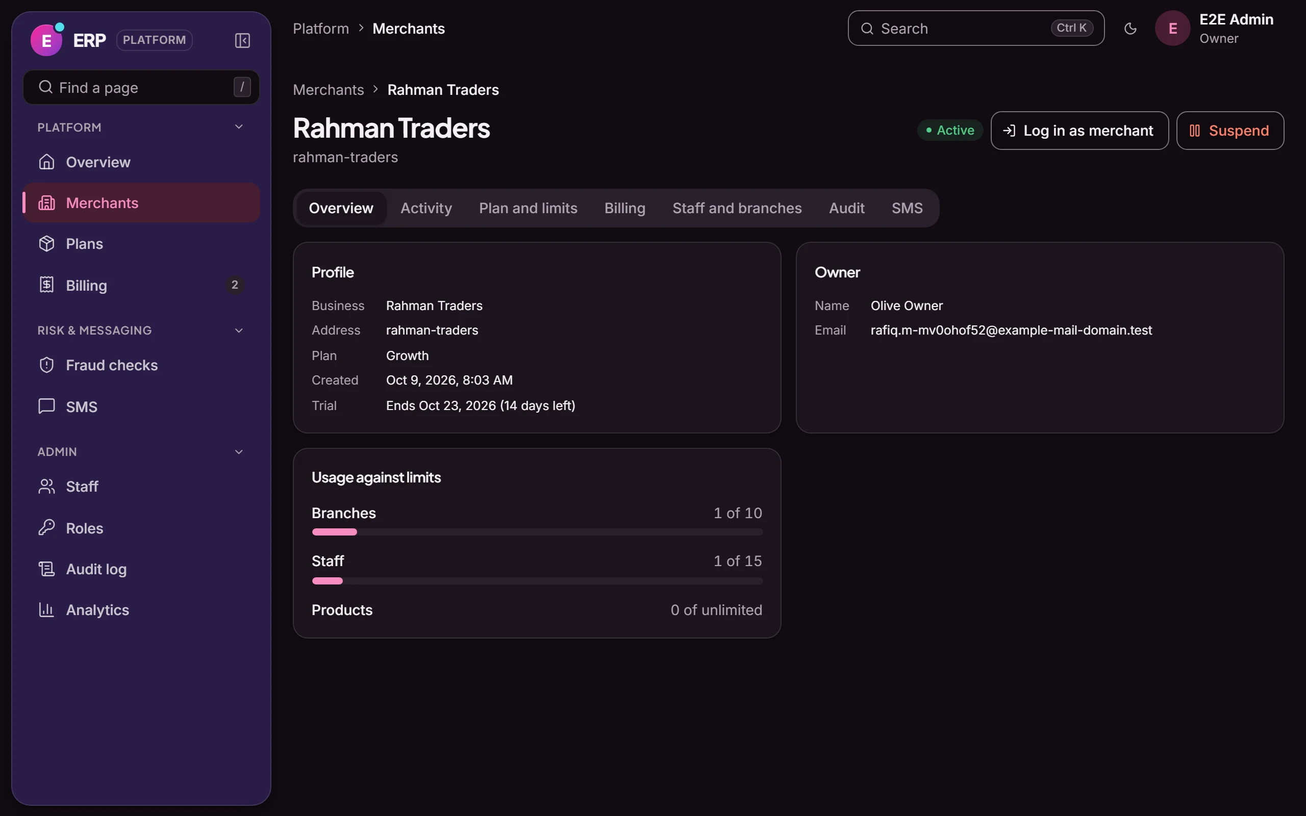 Commerce ERP: Platform console: one merchant’s plan, usage limits and status