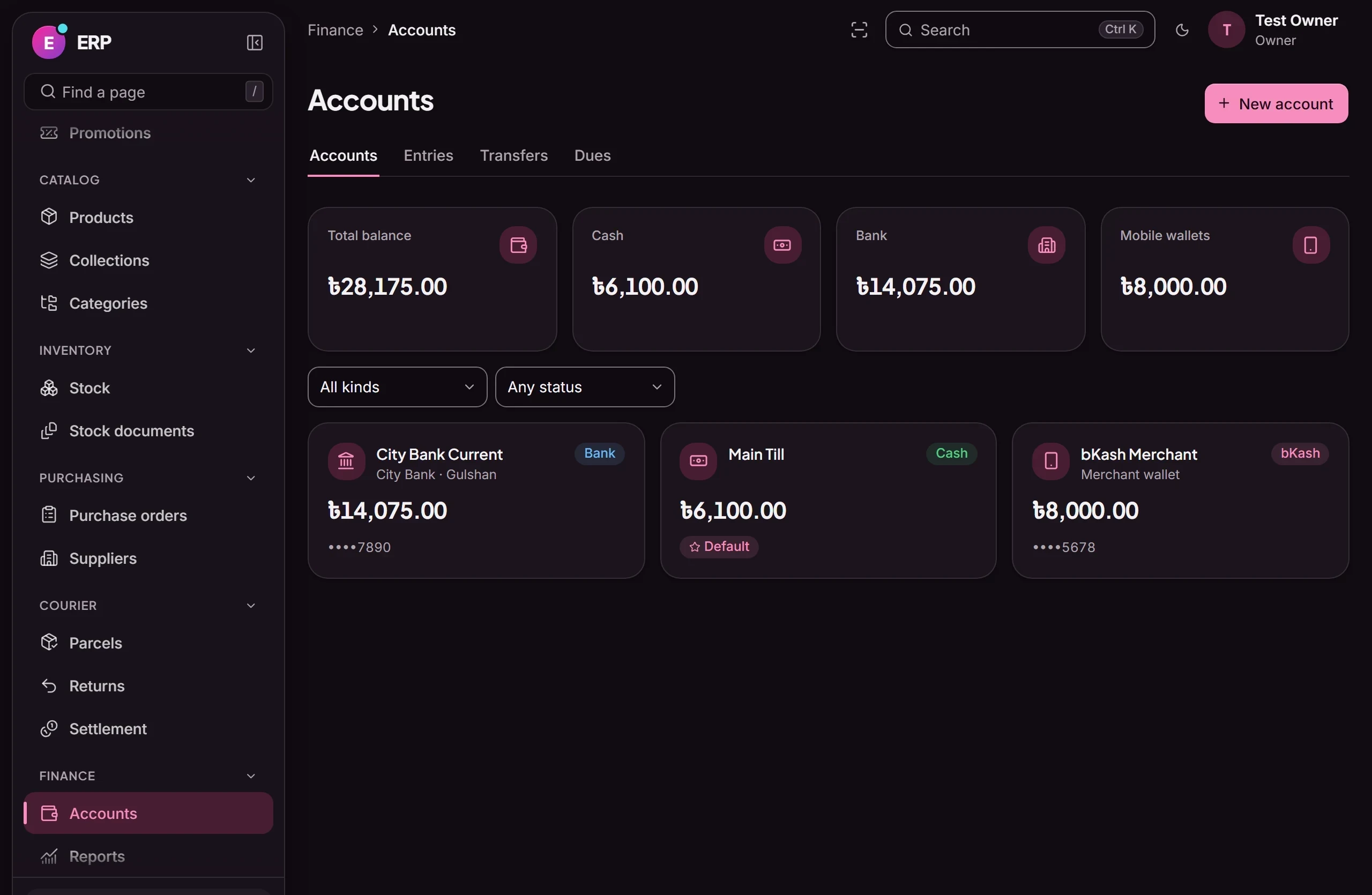 Commerce ERP: Finance accounts: cash, bank and mobile wallets like bKash, with live balances