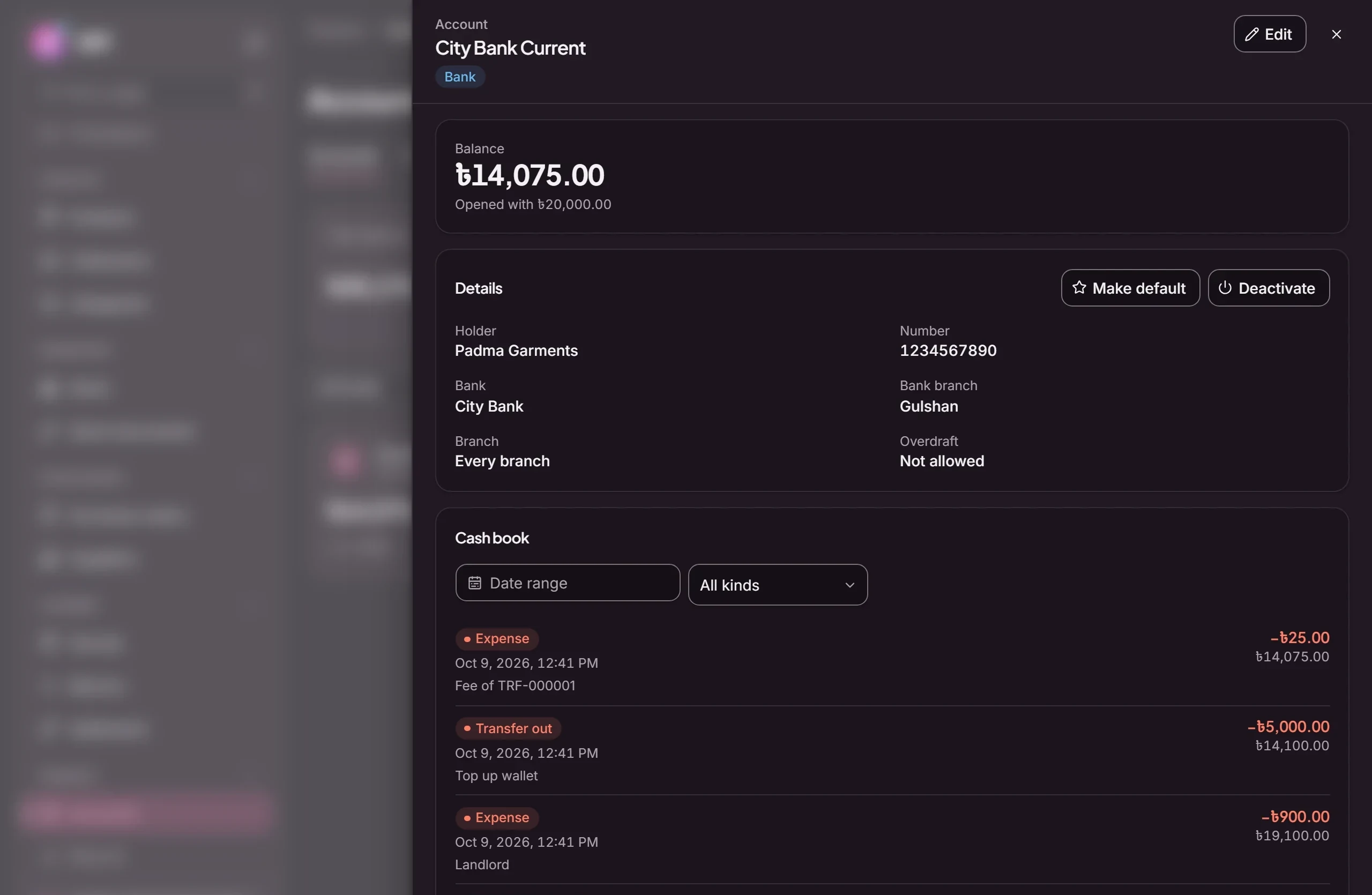 Commerce ERP: Account cashbook: every movement with the running balance after it