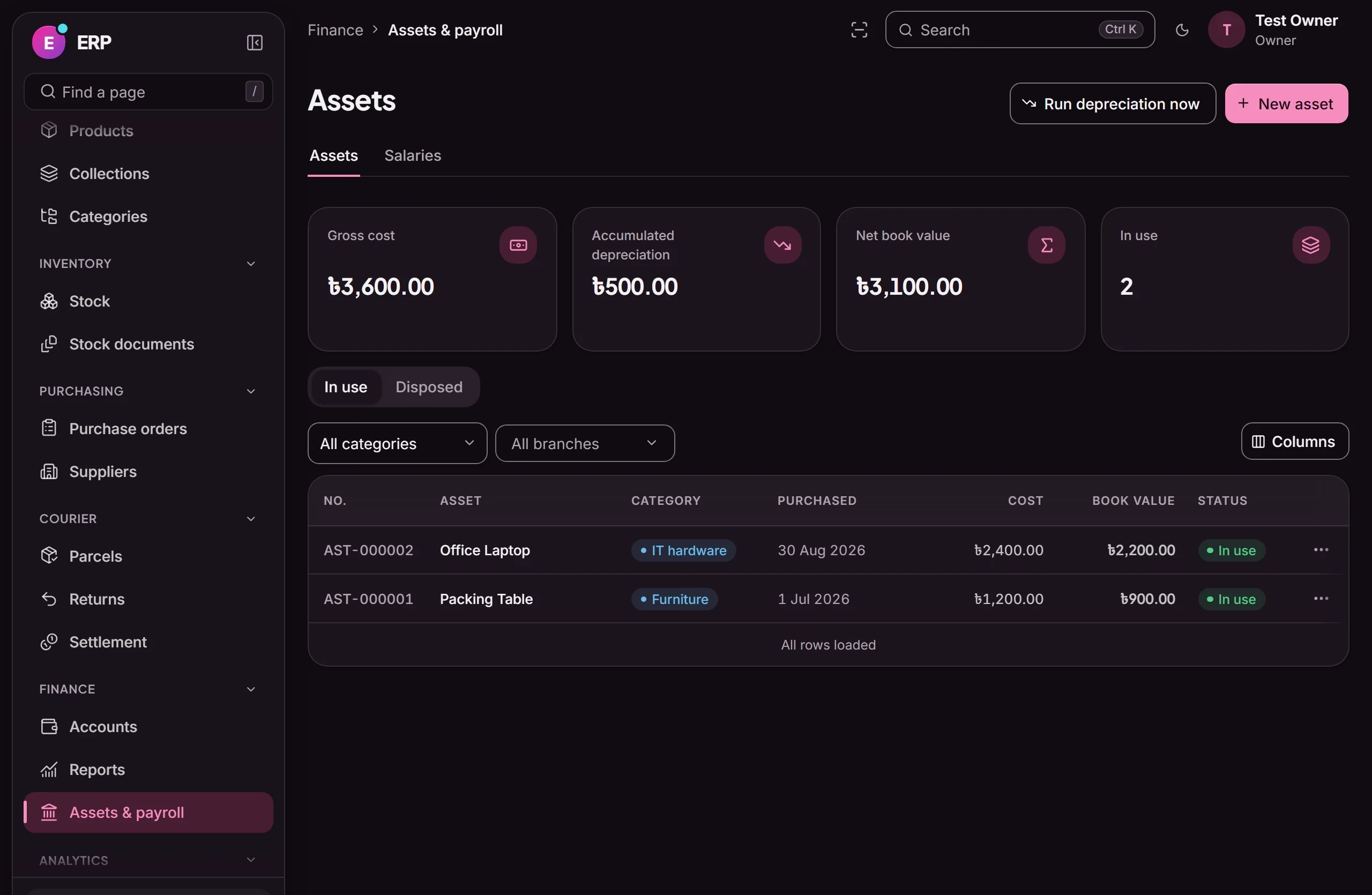 Commerce ERP: Fixed assets with depreciation and net book value